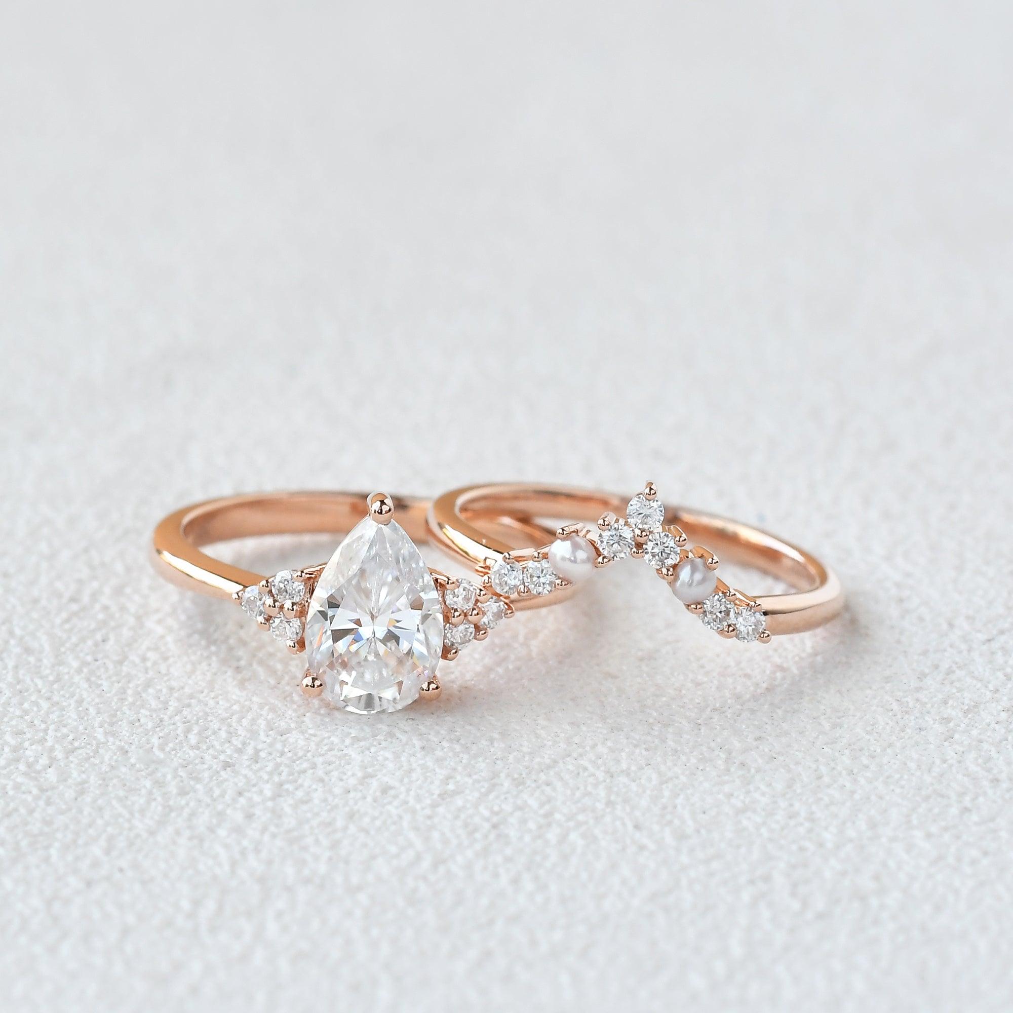 Felicegals Pear Shaped Moissanite Vintage Ring Set 2pcs - Felicegals 丨Wedding ring 丨Fashion ring 丨Diamond ring 丨Gemstone ring-Rings-Felicegals 丨Wedding ring 丨Fashion ring 丨Diamond ring 丨Gemstone ring