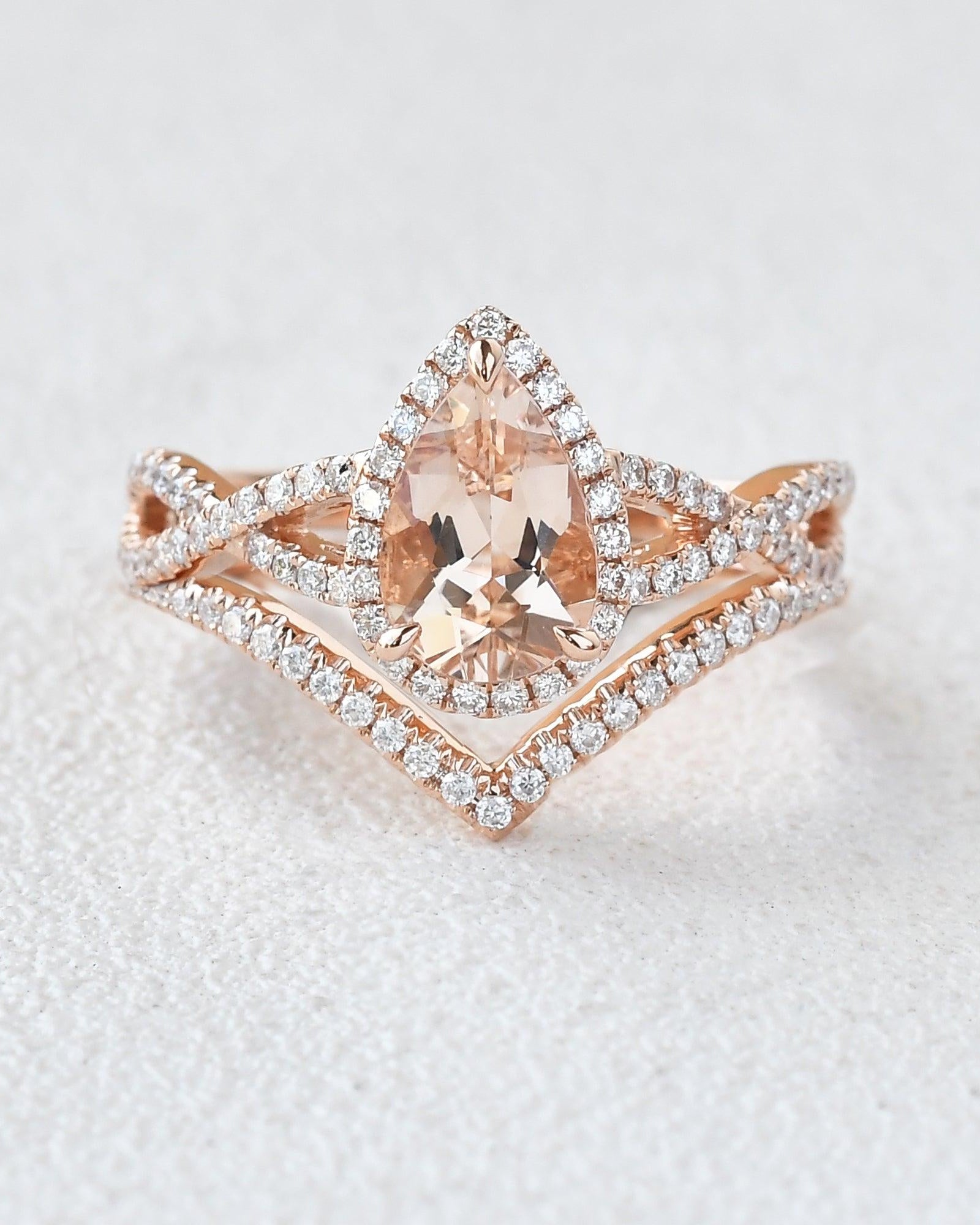 Felicegals Pear Shaped Morganite Gold Ring Set 2pcs - Felicegals 丨Wedding ring 丨Fashion ring 丨Diamond ring 丨Gemstone ring--Felicegals