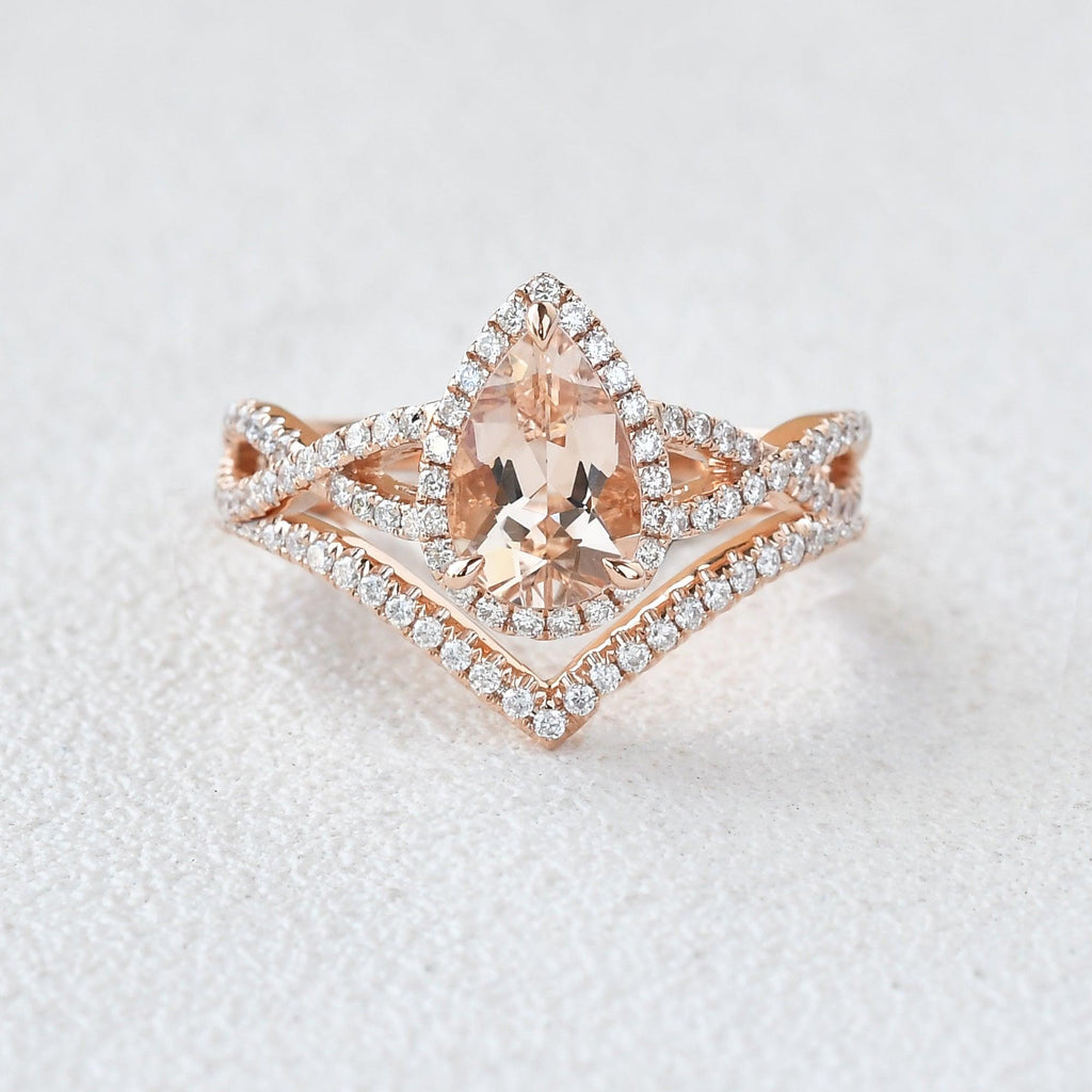 Felicegals Pear Shaped Morganite Gold Ring Set 2pcs - Felicegals 丨Wedding ring 丨Fashion ring 丨Diamond ring 丨Gemstone ring--Felicegals
