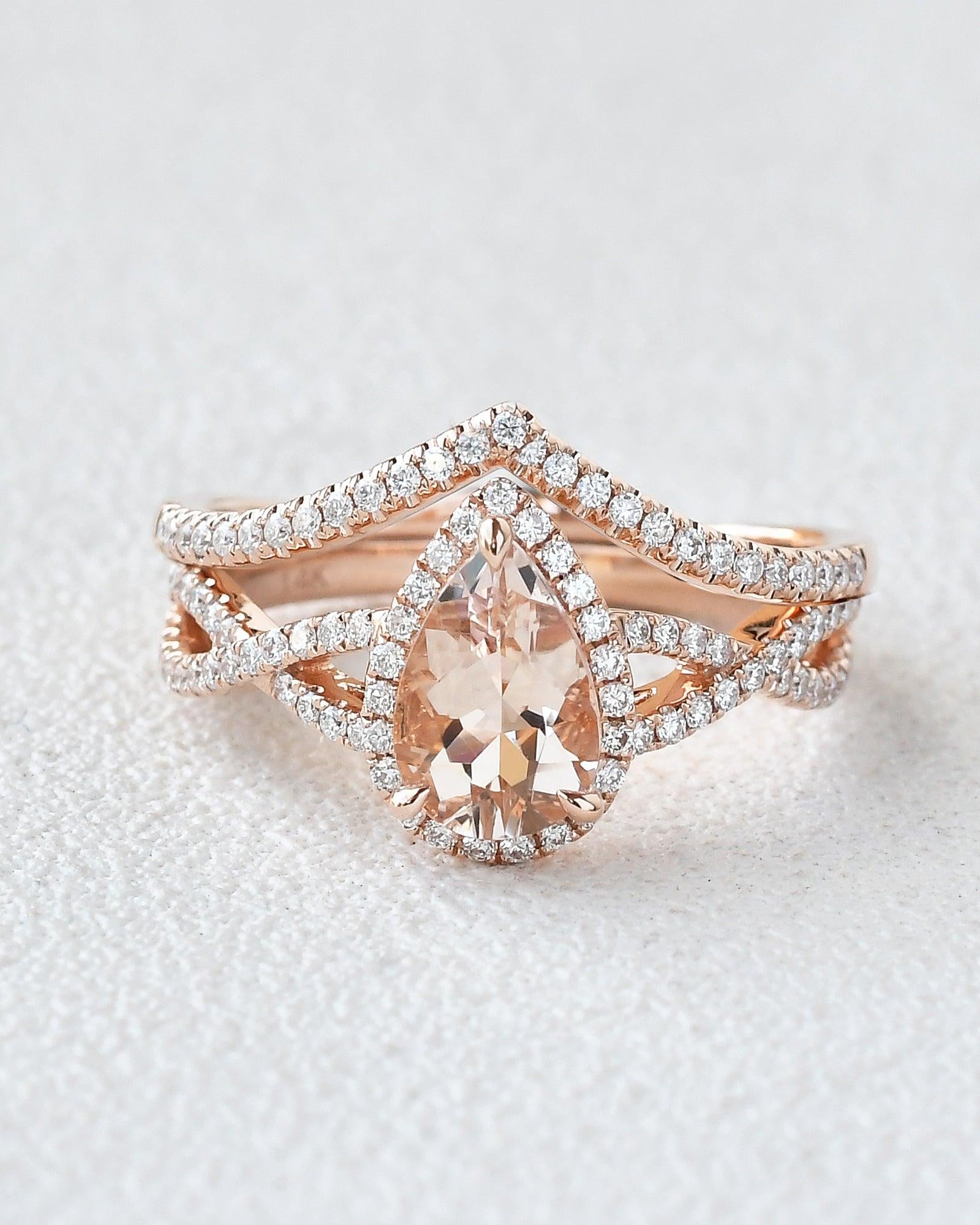 Felicegals Pear Shaped Morganite Gold Ring Set 2pcs - Felicegals 丨Wedding ring 丨Fashion ring 丨Diamond ring 丨Gemstone ring--Felicegals