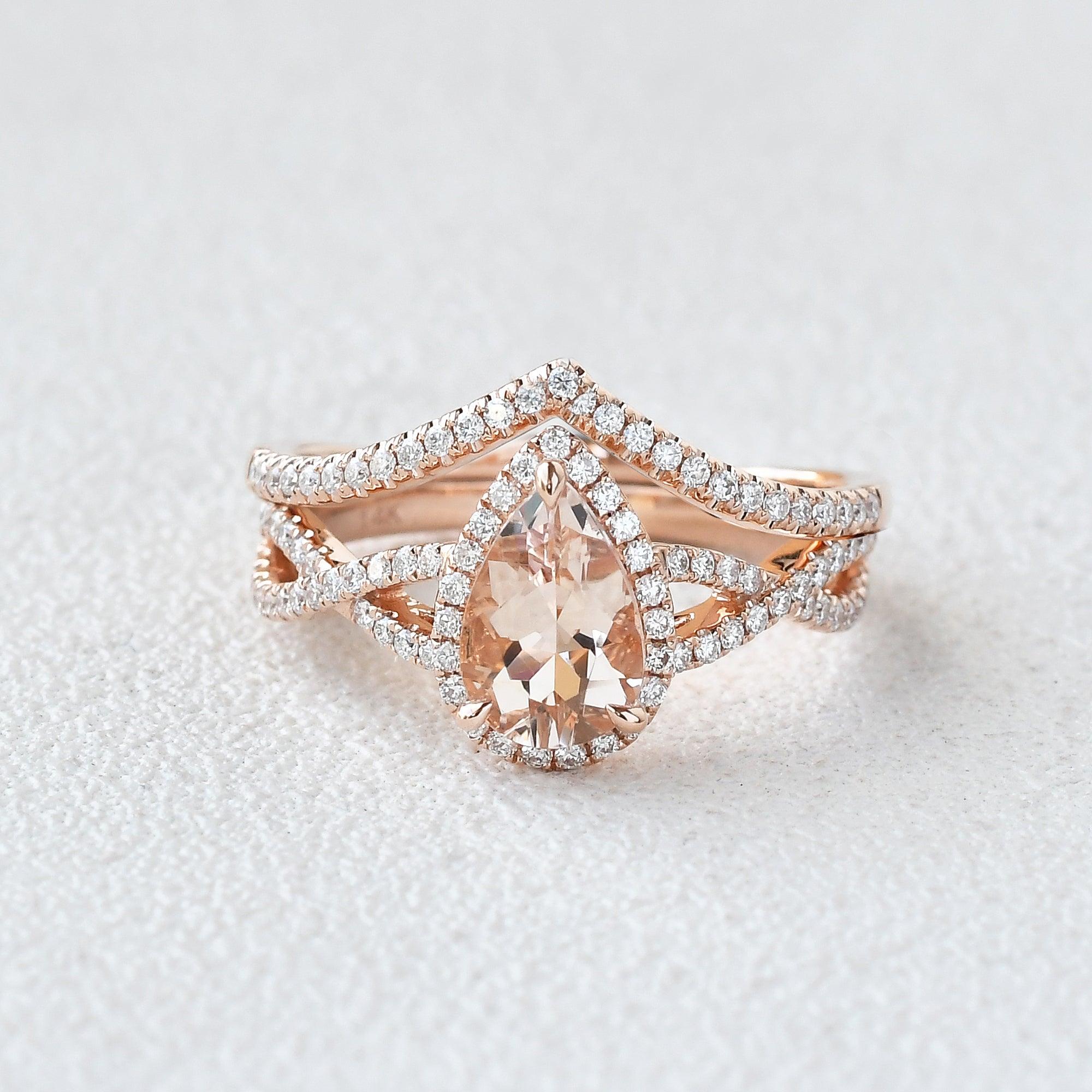 Felicegals Pear Shaped Morganite Gold Ring Set 2pcs - Felicegals 丨Wedding ring 丨Fashion ring 丨Diamond ring 丨Gemstone ring--Felicegals