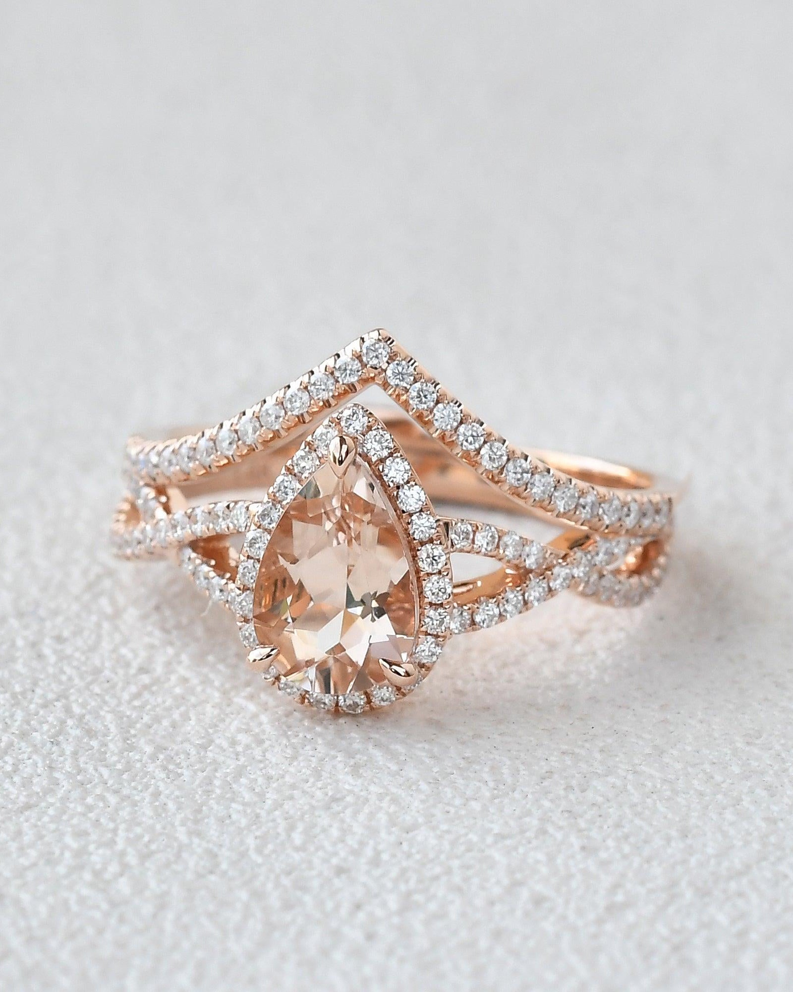 Felicegals Pear Shaped Morganite Gold Ring Set 2pcs - Felicegals 丨Wedding ring 丨Fashion ring 丨Diamond ring 丨Gemstone ring--Felicegals