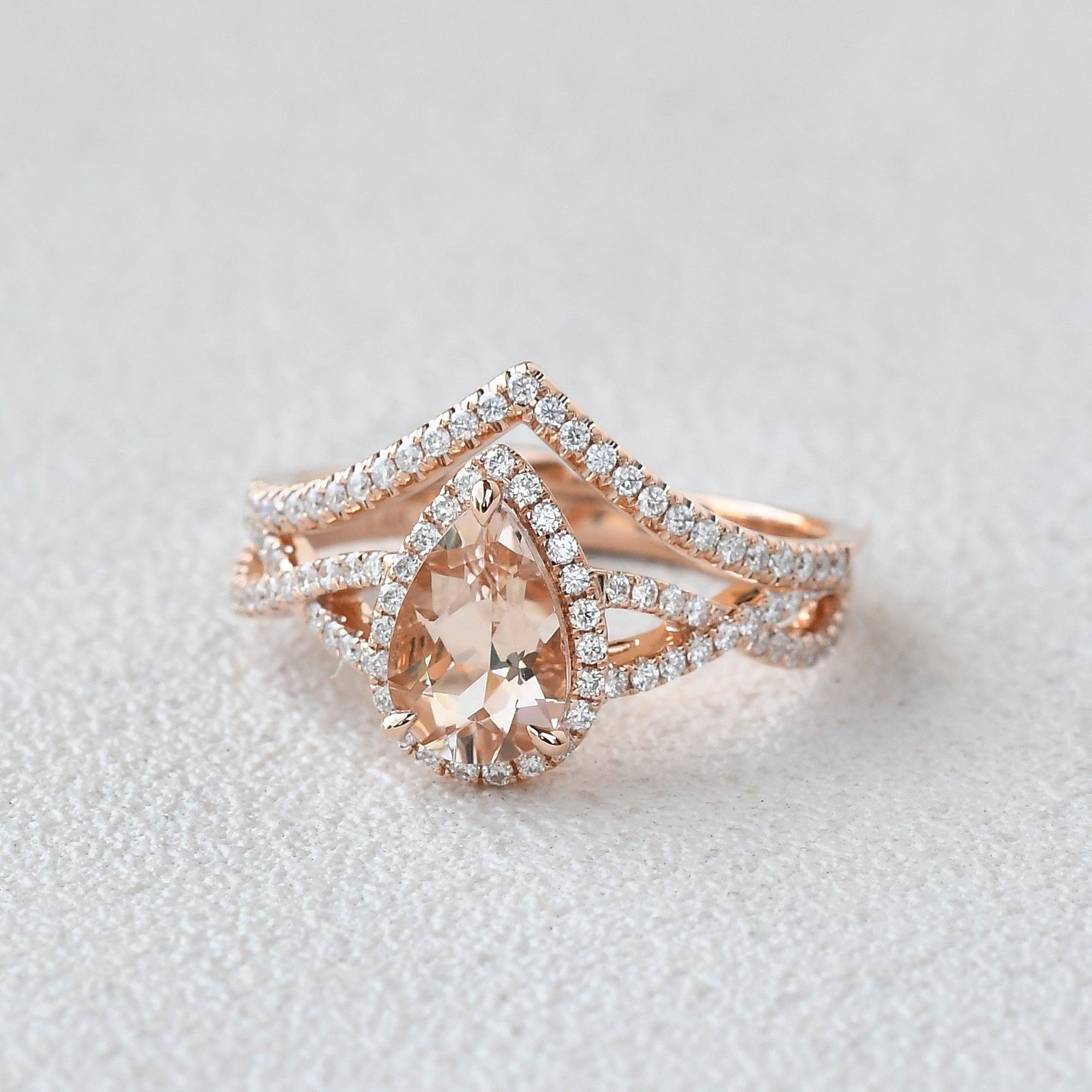 Felicegals Pear Shaped Morganite Gold Ring Set 2pcs - Felicegals 丨Wedding ring 丨Fashion ring 丨Diamond ring 丨Gemstone ring--Felicegals