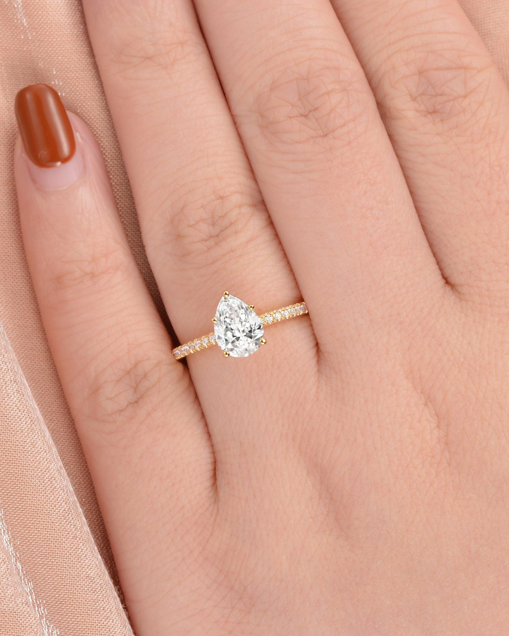 1.5ct Pear Shaped Moissanite Pave Classic Solitaire Ring - Felicegals 丨Wedding ring 丨Fashion ring 丨Diamond ring 丨Gemstone ring