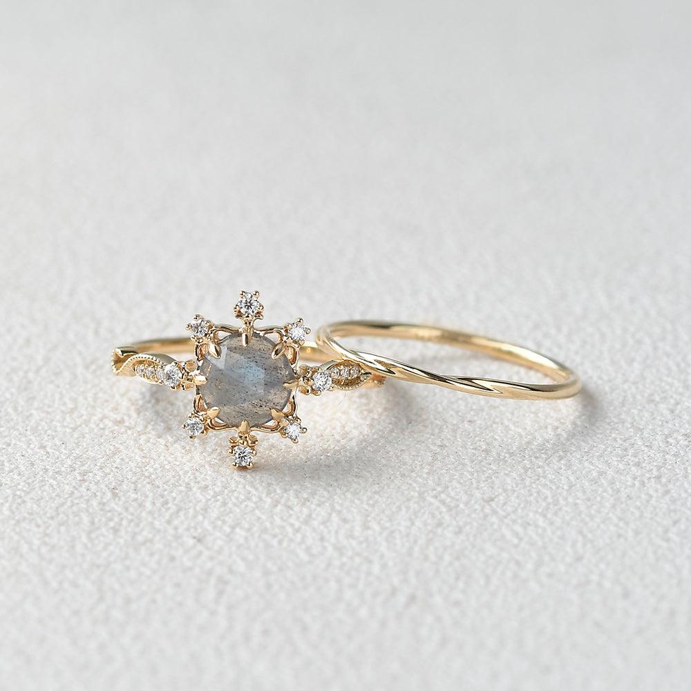 Round Cut Labradorite Vintage Inspired Ring Set 2pcs - Felicegals 丨Wedding ring 丨Fashion ring 丨Diamond ring 丨Gemstone ring-Rings-Felicegals 丨Wedding ring 丨Fashion ring 丨Diamond ring 丨Gemstone ring