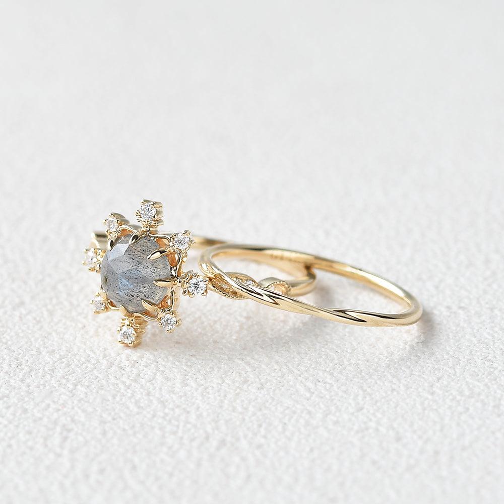 Round Cut Labradorite Vintage Inspired Ring Set 2pcs - Felicegals 丨Wedding ring 丨Fashion ring 丨Diamond ring 丨Gemstone ring-Rings-Felicegals 丨Wedding ring 丨Fashion ring 丨Diamond ring 丨Gemstone ring