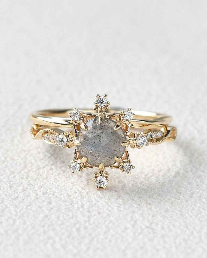 Round Cut Labradorite Vintage Inspired Ring Set 2pcs - Felicegals 丨Wedding ring 丨Fashion ring 丨Diamond ring 丨Gemstone ring-Rings-Felicegals 丨Wedding ring 丨Fashion ring 丨Diamond ring 丨Gemstone ring