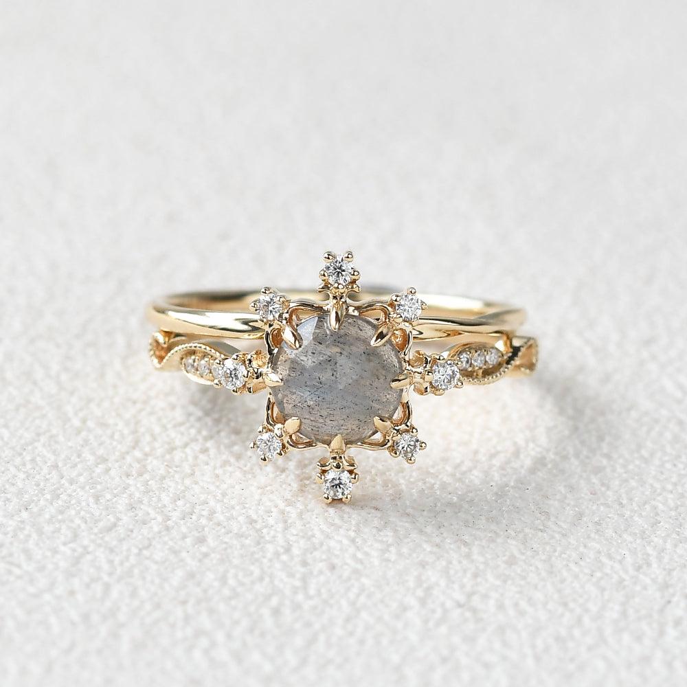 Round Cut Labradorite Vintage Inspired Ring Set 2pcs - Felicegals 丨Wedding ring 丨Fashion ring 丨Diamond ring 丨Gemstone ring-Rings-Felicegals 丨Wedding ring 丨Fashion ring 丨Diamond ring 丨Gemstone ring