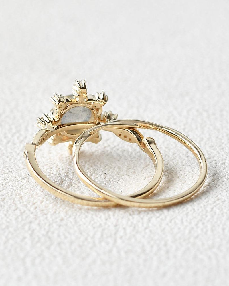 Round Cut Labradorite Vintage Inspired Ring Set 2pcs - Felicegals 丨Wedding ring 丨Fashion ring 丨Diamond ring 丨Gemstone ring-Rings-Felicegals 丨Wedding ring 丨Fashion ring 丨Diamond ring 丨Gemstone ring