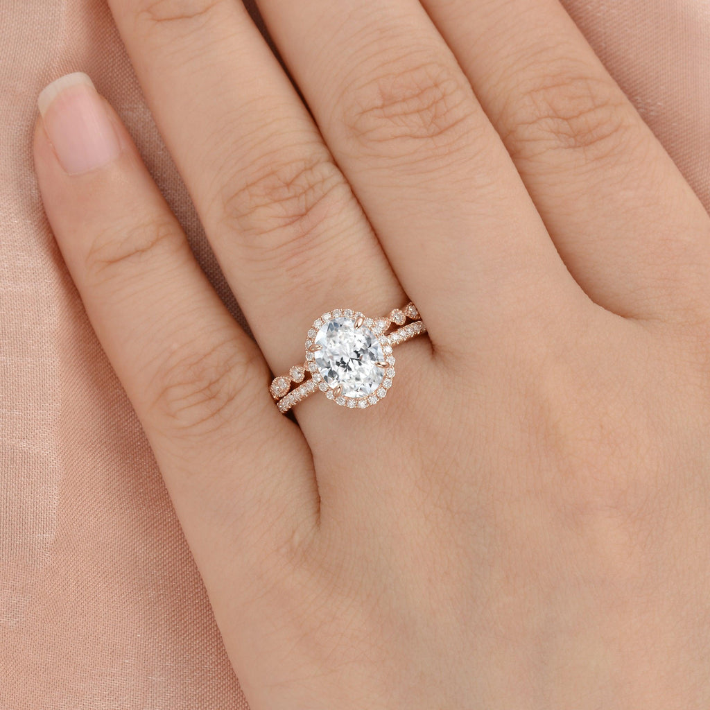 2ct Classic Oval Cut Lab Diamond Ring Set 2pcs - Felicegals 丨Wedding ring 丨Fashion ring 丨Diamond ring 丨Gemstone ring--Felicegals