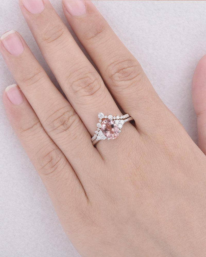 Peachy Morganite Oval Classic Ring Set 2pcs - Felicegals