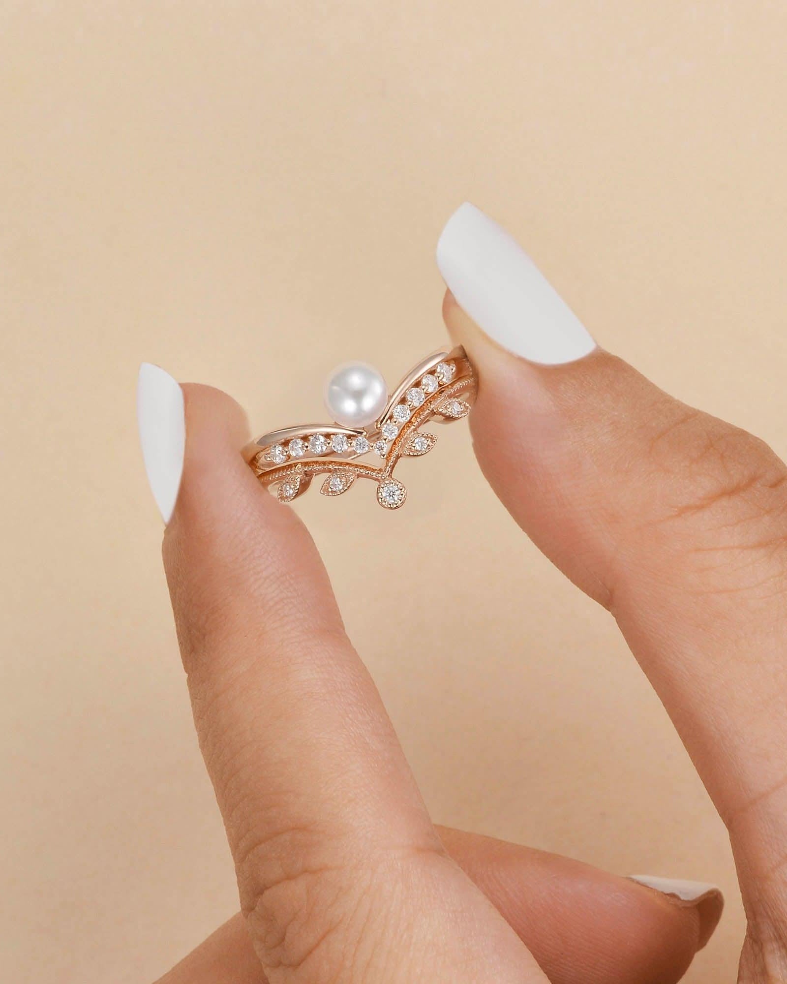 Pearl Bridal Set 2pcs Rose Gold Ring - Felicegals 丨Wedding ring 丨Fashion ring 丨Diamond ring 丨Gemstone ring
