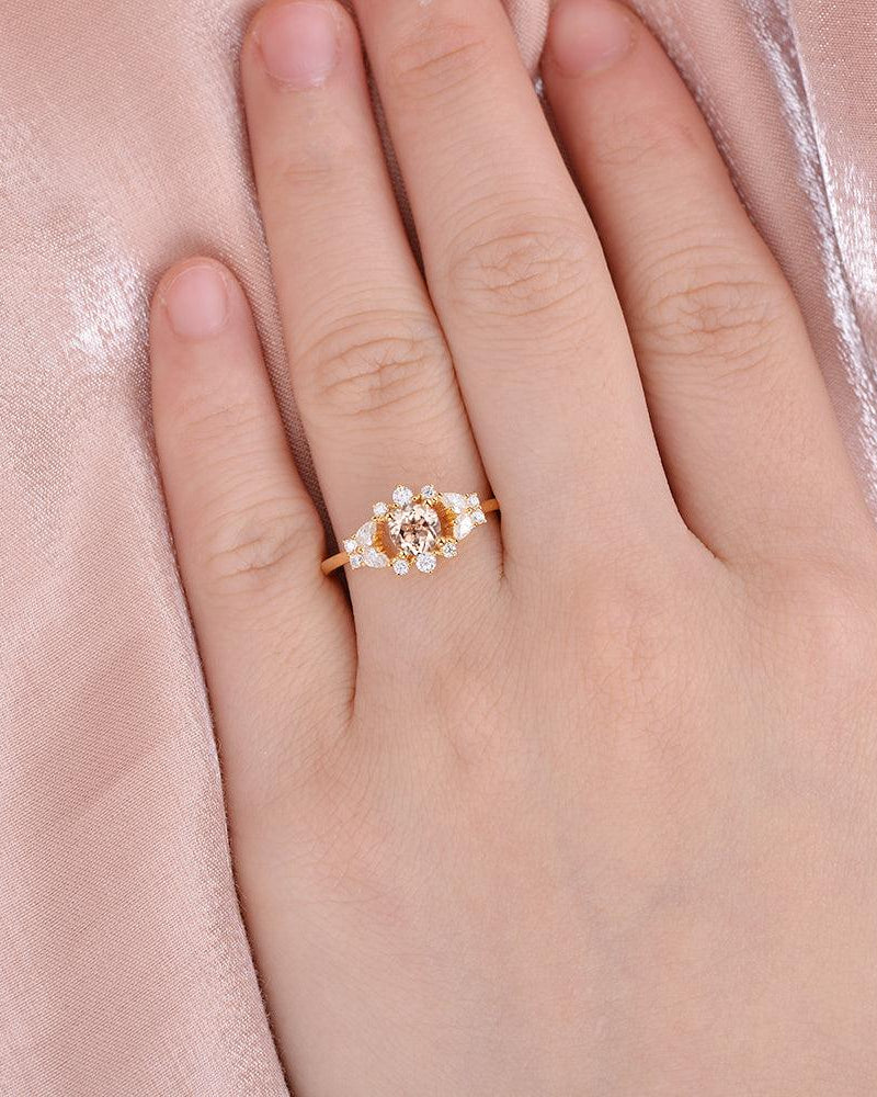 Round Cut Morganite Vintage Inspied Yellow Gold Ring - Felicegals 丨Wedding ring 丨Fashion ring 丨Diamond ring 丨Gemstone ring--Felicegals 丨Wedding ring 丨Fashion ring 丨Diamond ring 丨Gemstone ring