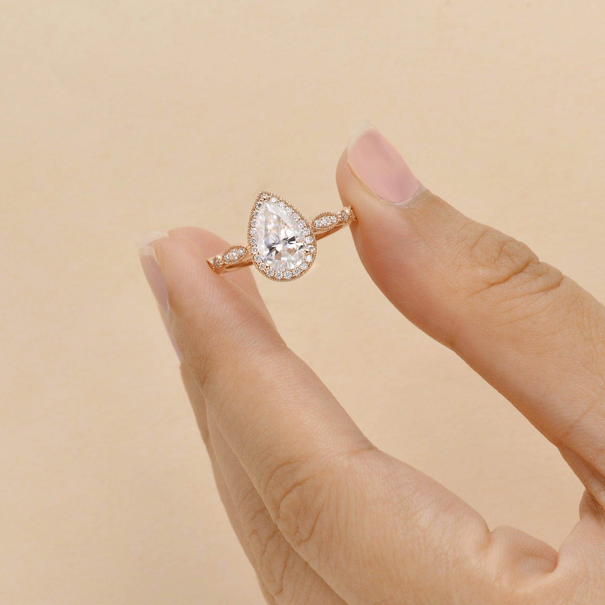 1.5ct Pear Cut Halo Colorless Moissanite Ring - Felicegals 丨Wedding ring 丨Fashion ring 丨Diamond ring 丨Gemstone ring