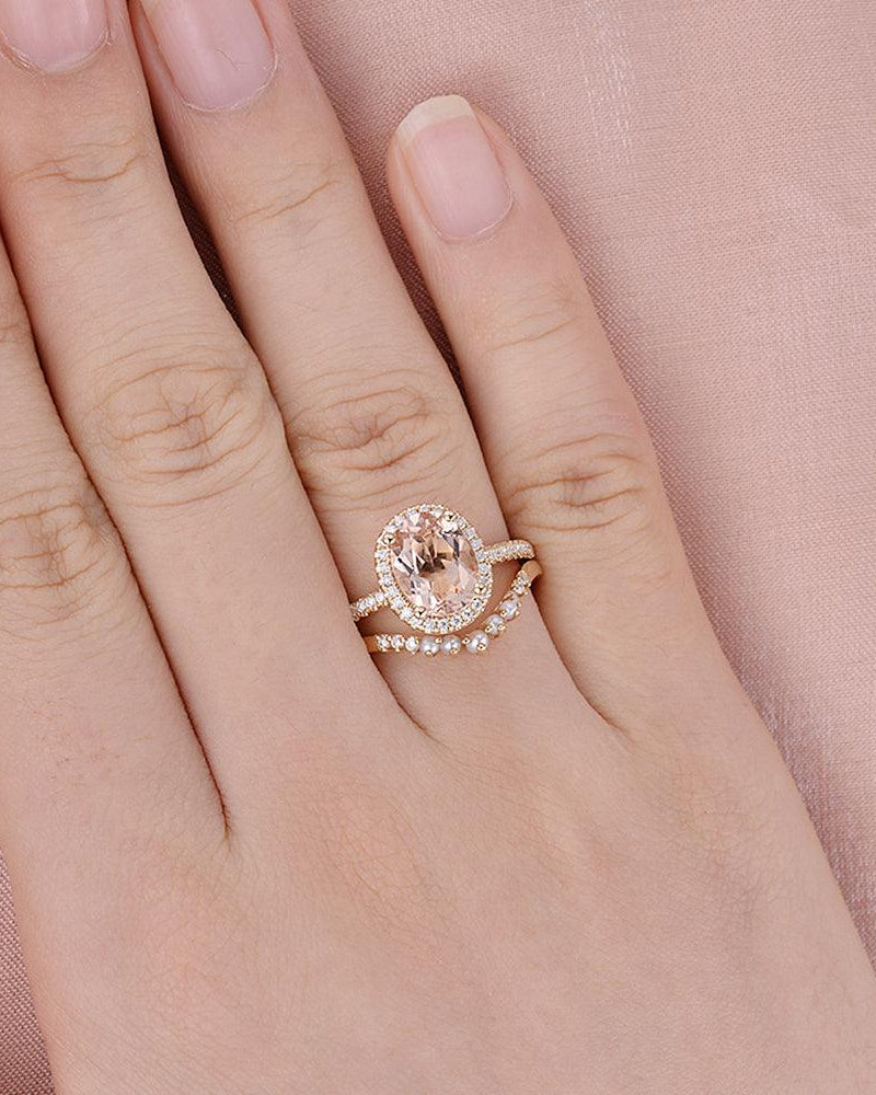 Oval Peachy Morganite & Pearls Yellow Gold Ring Set 2pcs - Felicegals 丨Wedding ring 丨Fashion ring 丨Diamond ring 丨Gemstone ring-Jewelry-Felicegals