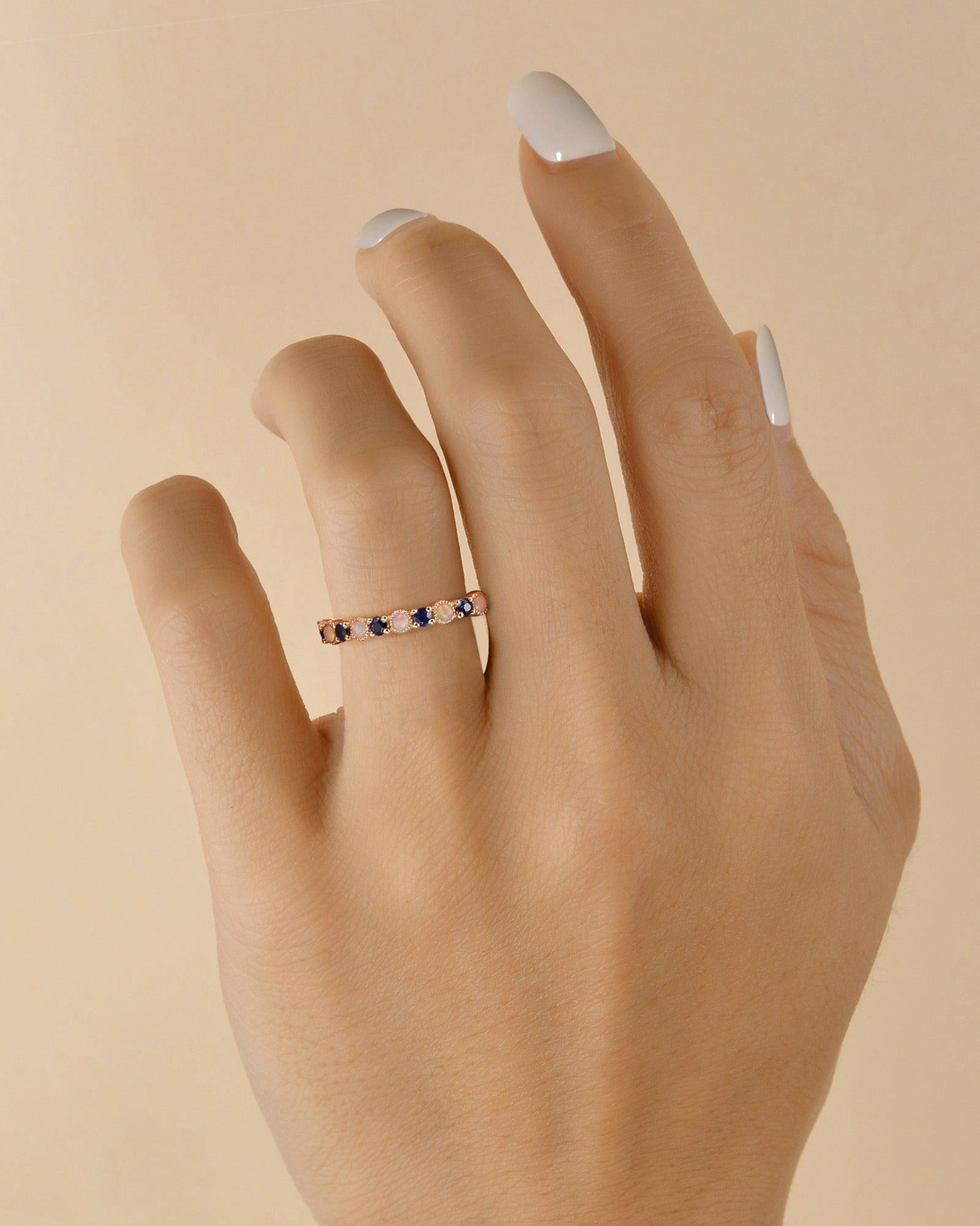 Blue Sapphire & Opal Rose Gold Ring - Felicegals 丨Wedding ring 丨Fashion ring 丨Diamond ring 丨Gemstone ring