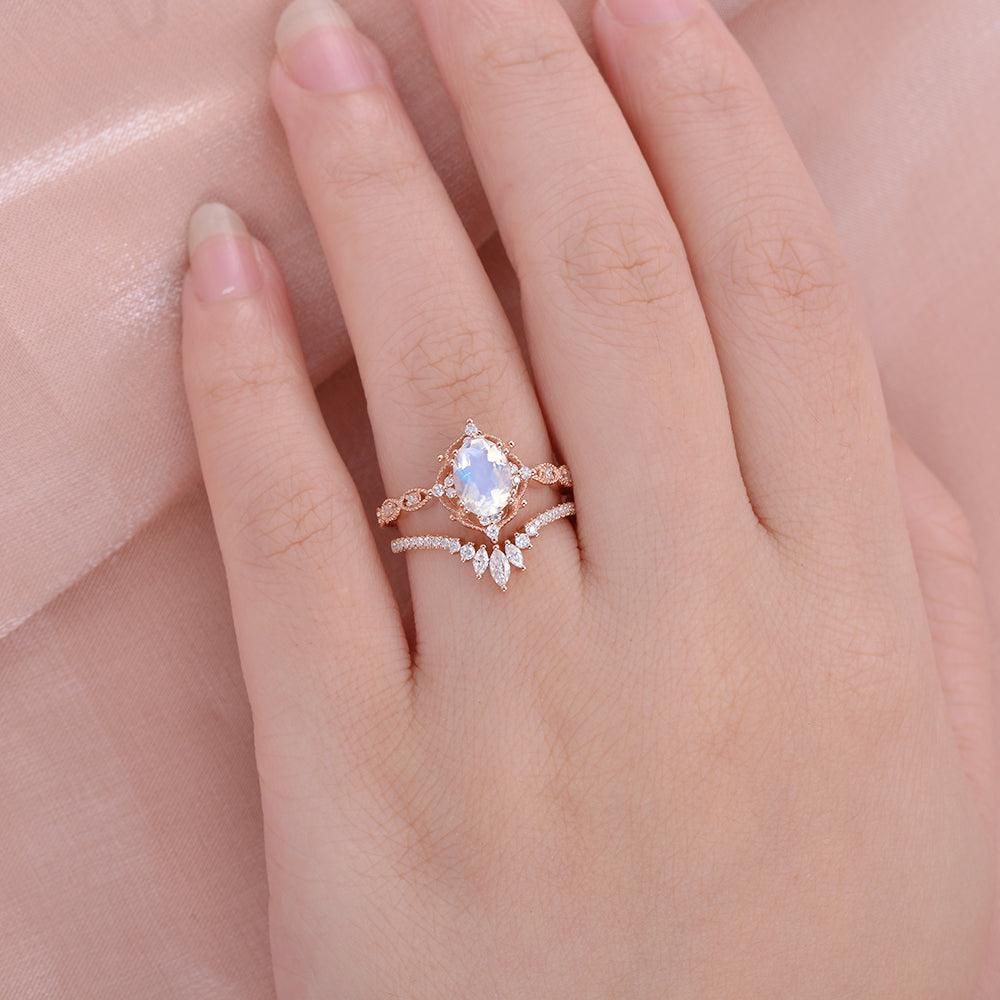Felicegals Moonstone Vintage Chevron Ring Set 2pcs - Felicegals 丨Wedding ring 丨Fashion ring 丨Diamond ring 丨Gemstone ring--Felicegals