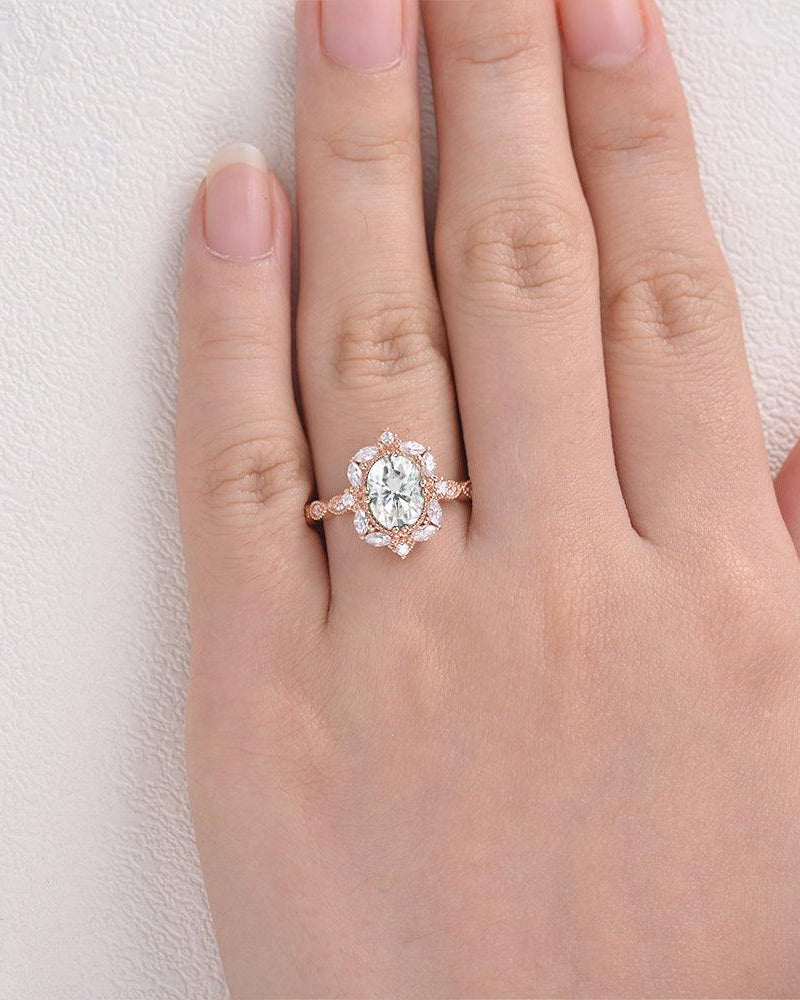 Oval Cut Moissanite Halo Rose Gold Ring - Felicegals