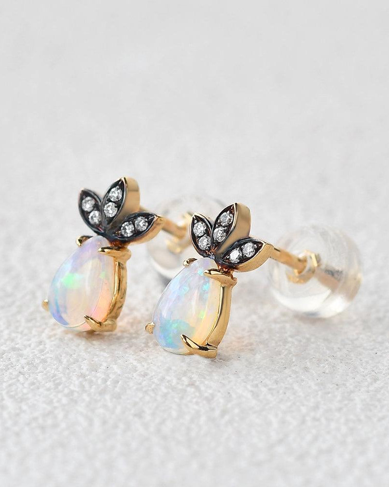 Natural Opal & Full Facet Diamond Inspired Yellow Gold Earrings - Felicegals 丨Wedding ring 丨Fashion ring 丨Diamond ring 丨Gemstone ring--Felicegals