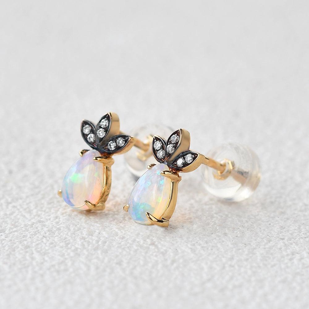 Natural Opal & Full Facet Diamond Inspired Yellow Gold Earrings - Felicegals 丨Wedding ring 丨Fashion ring 丨Diamond ring 丨Gemstone ring--Felicegals