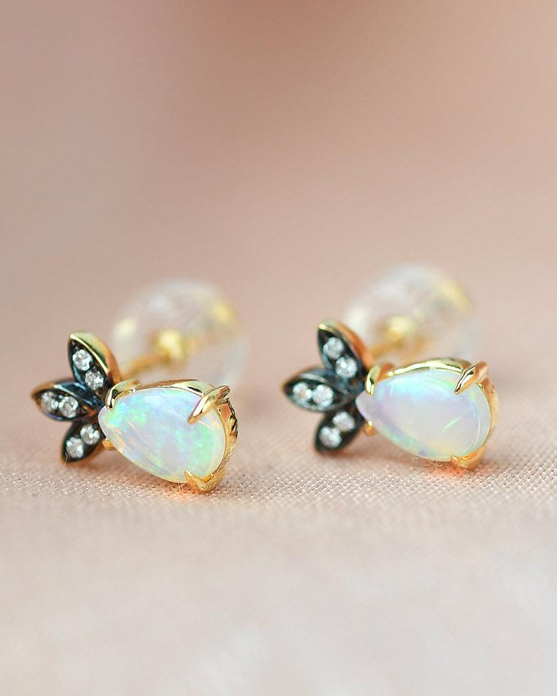 Natural Opal & Full Facet Diamond Inspired Yellow Gold Earrings - Felicegals 丨Wedding ring 丨Fashion ring 丨Diamond ring 丨Gemstone ring--Felicegals