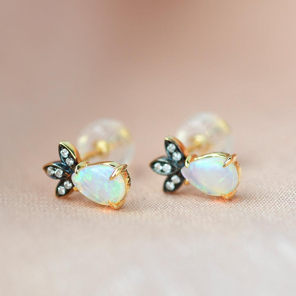 Natural Opal & Full Facet Diamond Inspired Yellow Gold Earrings - Felicegals 丨Wedding ring 丨Fashion ring 丨Diamond ring 丨Gemstone ring--Felicegals