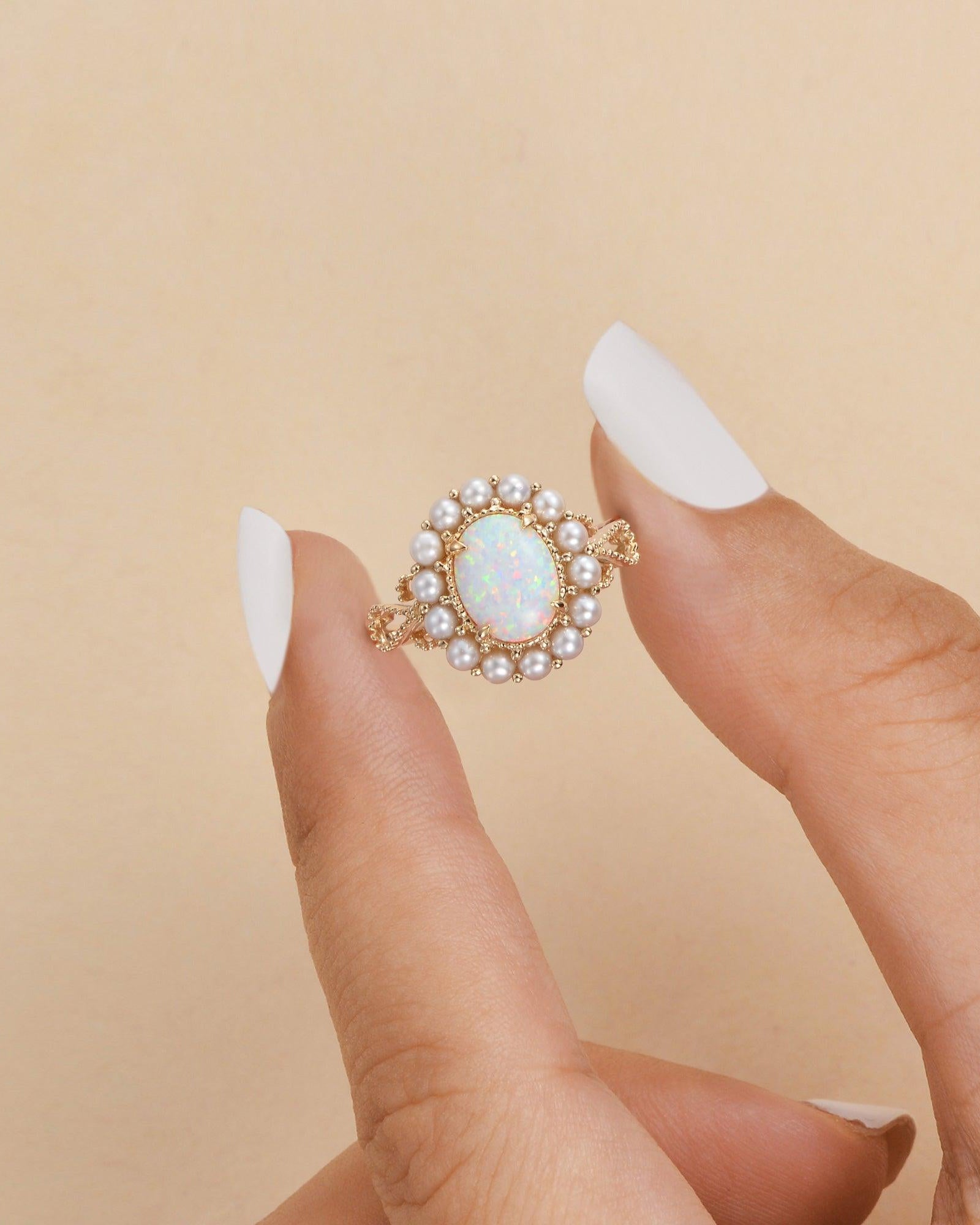Oval Cut Lab Opal & Pearls Halo Rose Gold Ring - Felicegals 丨Wedding ring 丨Fashion ring 丨Diamond ring 丨Gemstone ring