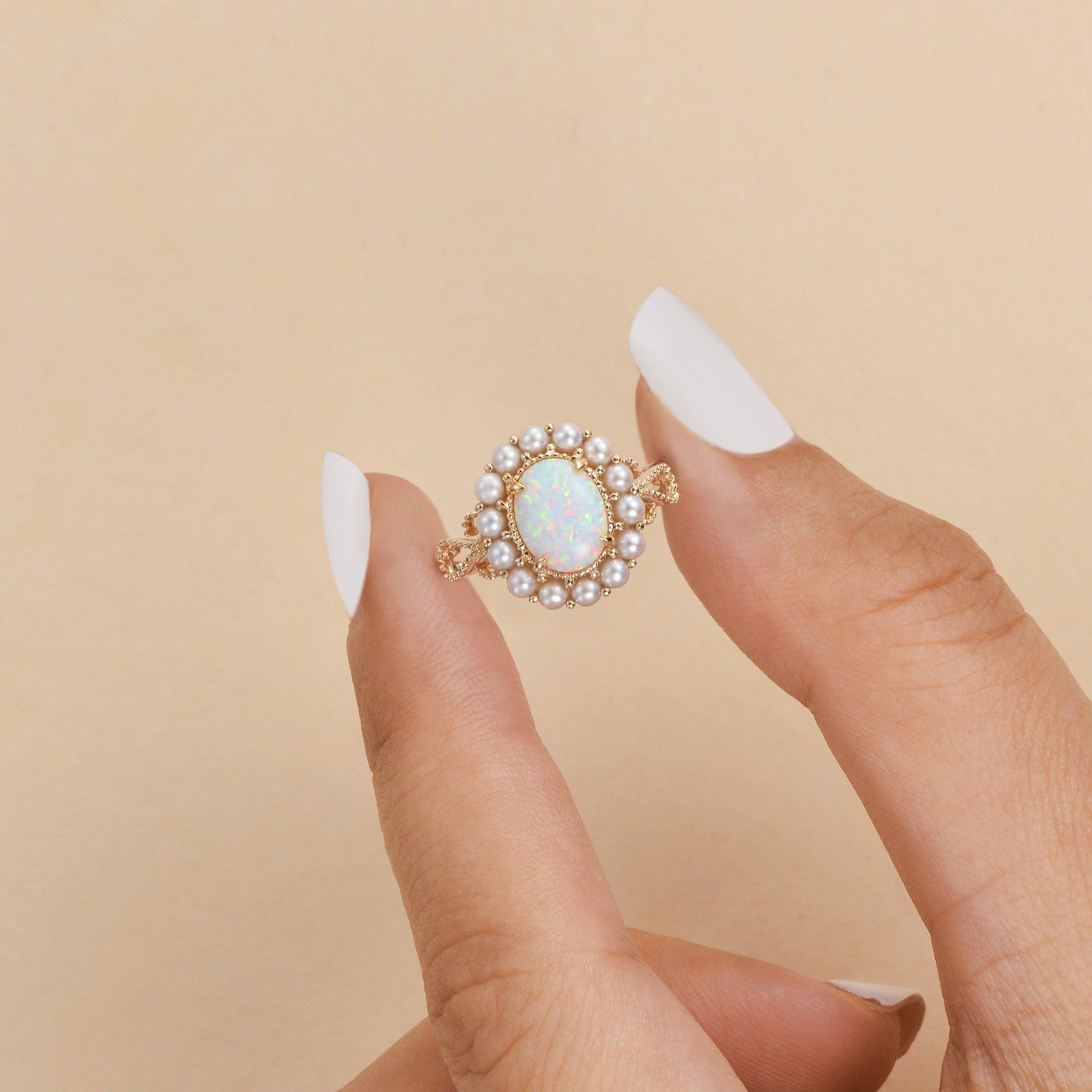 Oval Cut Lab Opal & Pearls Halo Rose Gold Ring - Felicegals 丨Wedding ring 丨Fashion ring 丨Diamond ring 丨Gemstone ring