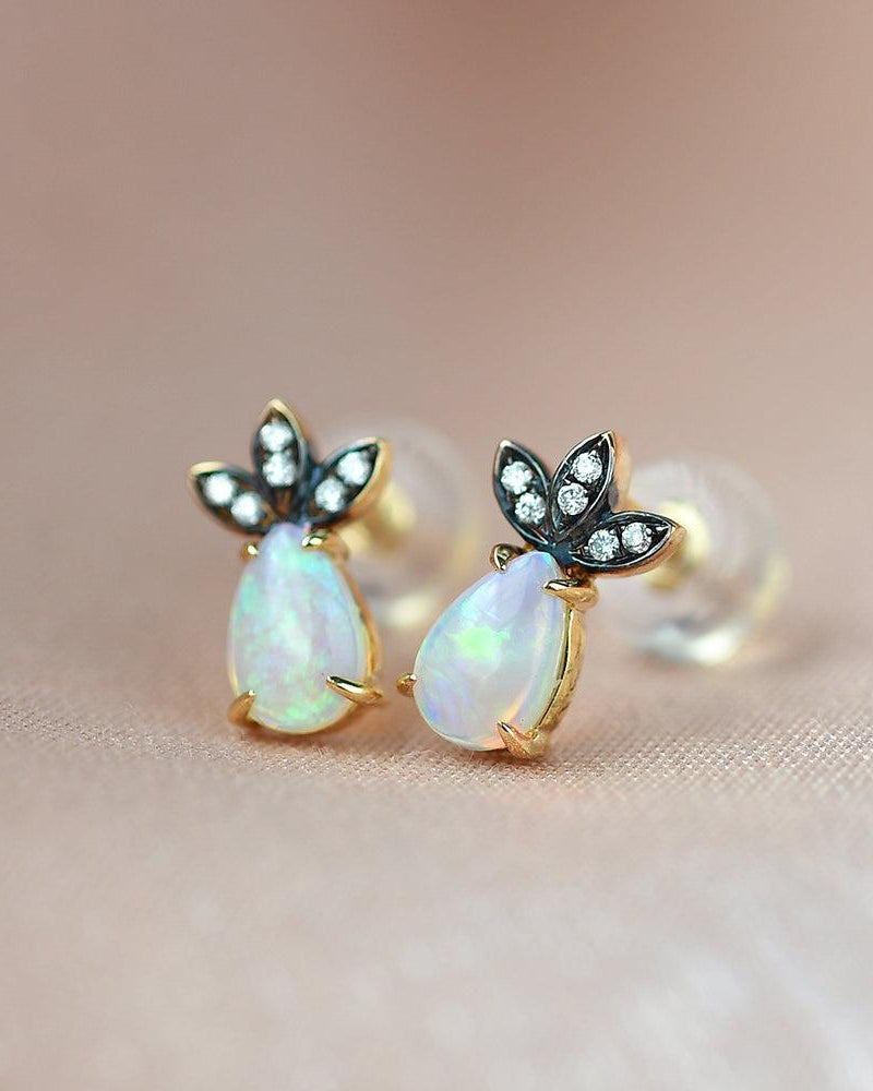 Natural Opal & Full Facet Diamond Inspired Yellow Gold Earrings - Felicegals 丨Wedding ring 丨Fashion ring 丨Diamond ring 丨Gemstone ring--Felicegals
