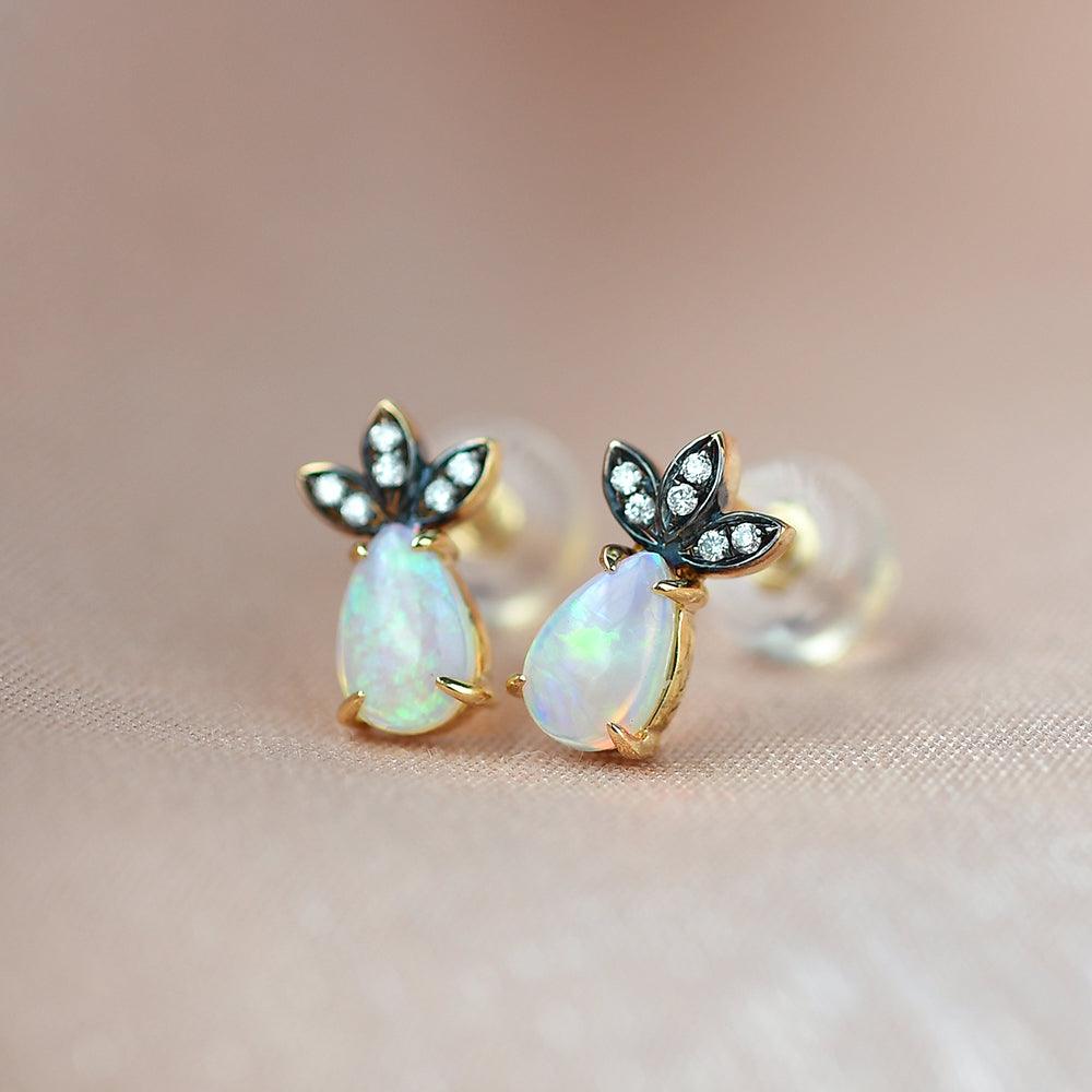Natural Opal & Full Facet Diamond Inspired Yellow Gold Earrings - Felicegals 丨Wedding ring 丨Fashion ring 丨Diamond ring 丨Gemstone ring--Felicegals