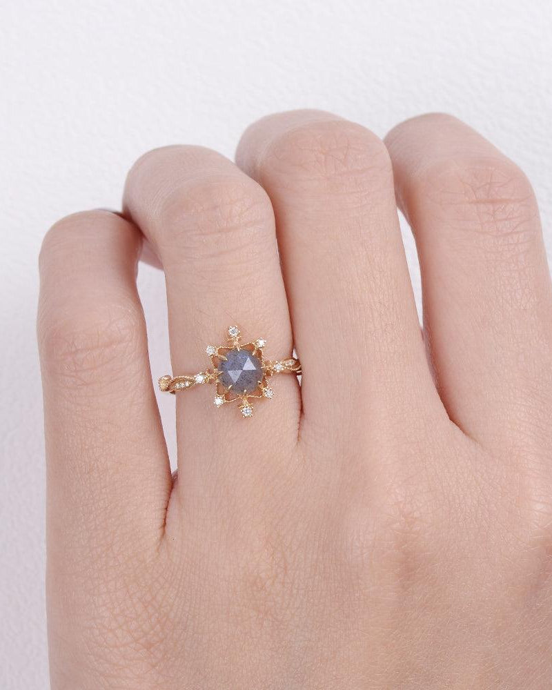 Labrodorite & Moissanite Yellow Gold Stacking Ring - Felicegals
