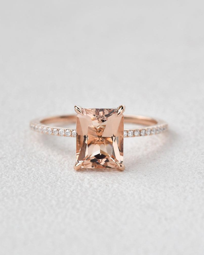 7*9mm Peachy Morganite Radiant Cut Ring - Felicegals 丨Wedding ring 丨Fashion ring 丨Diamond ring 丨Gemstone ring--Felicegals