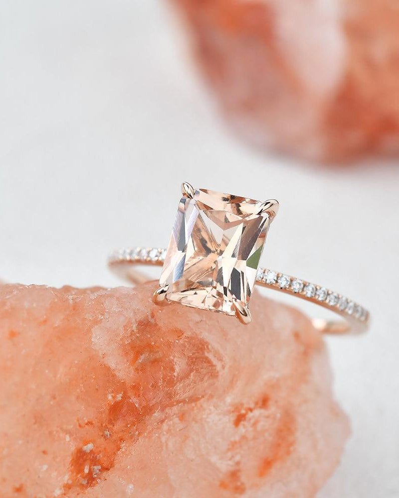 7*9mm Peachy Morganite Radiant Cut Ring - Felicegals 丨Wedding ring 丨Fashion ring 丨Diamond ring 丨Gemstone ring--Felicegals