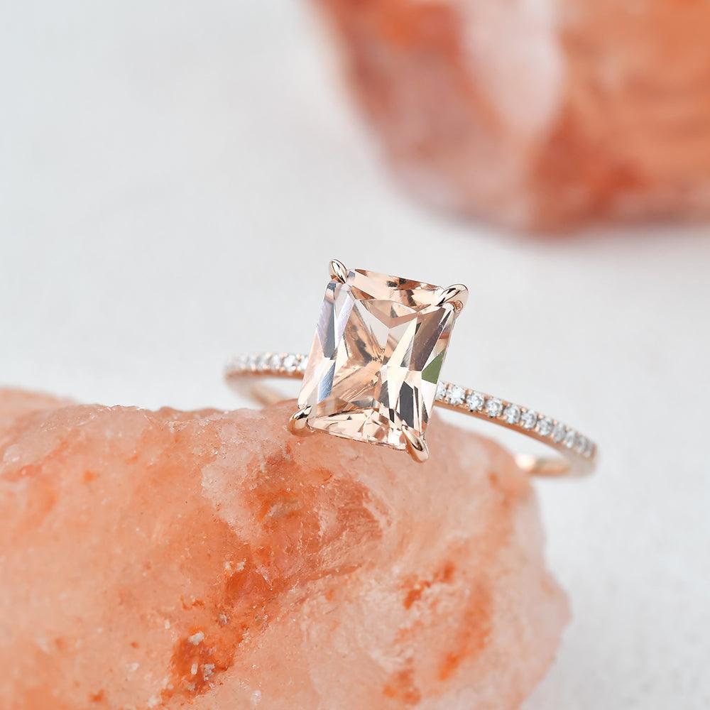 7*9mm Peachy Morganite Radiant Cut Ring - Felicegals 丨Wedding ring 丨Fashion ring 丨Diamond ring 丨Gemstone ring--Felicegals