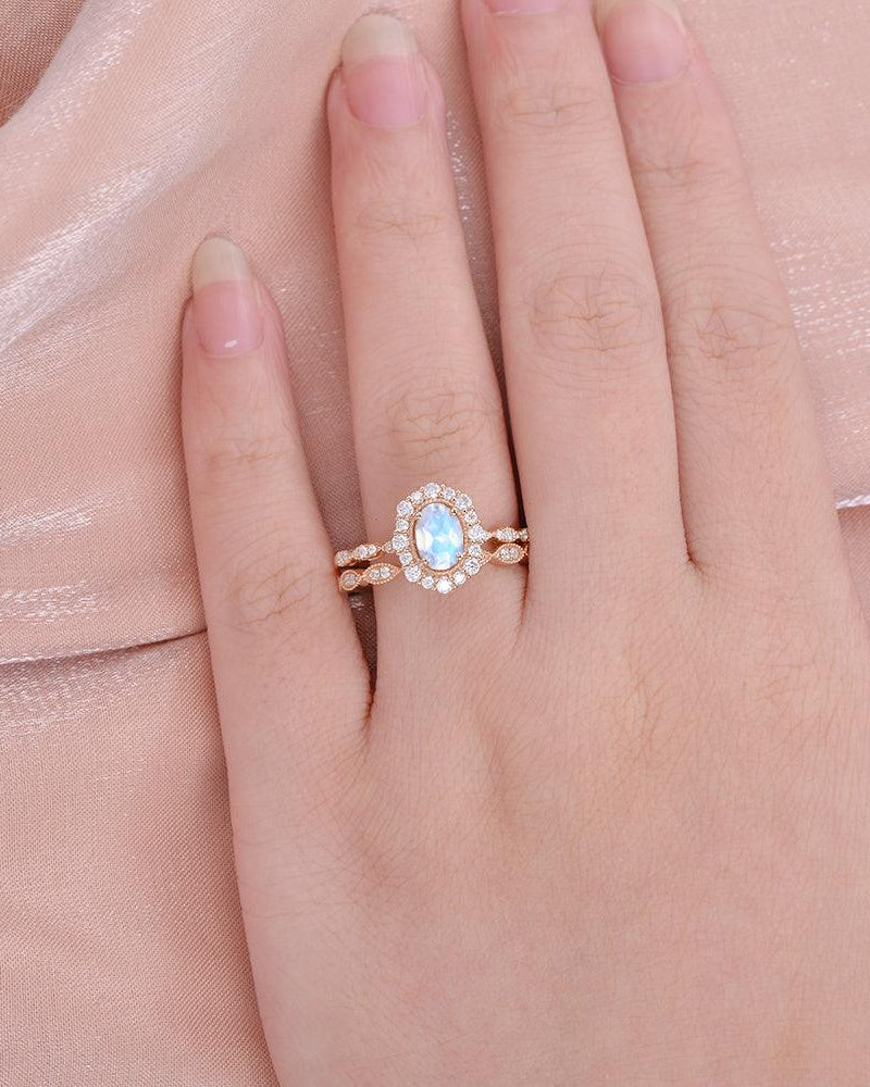 Felicegals Oval Cut Moonstone Art Deco Milgrain Ring Set 2pcs - Felicegals 丨Wedding ring 丨Fashion ring 丨Diamond ring 丨Gemstone ring--Felicegals