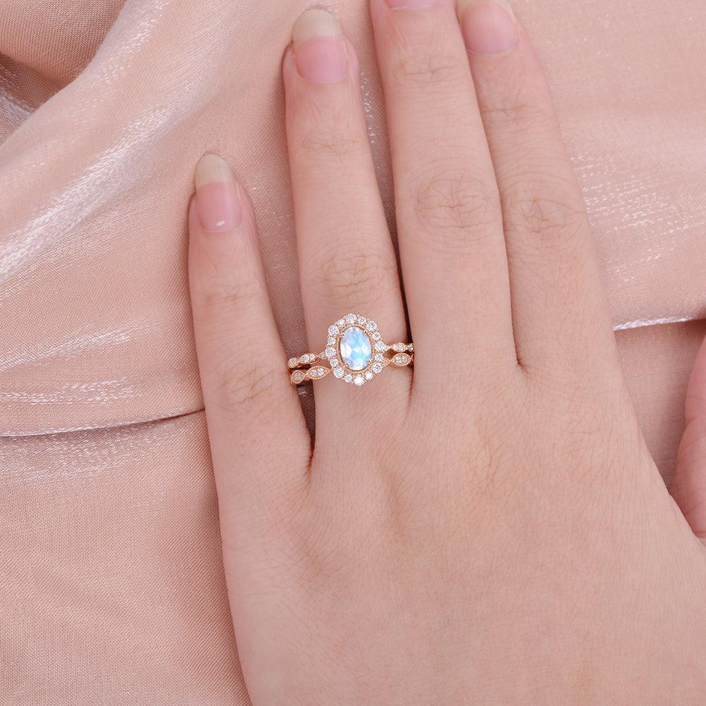 Felicegals Oval Cut Moonstone Art Deco Milgrain Ring Set 2pcs - Felicegals 丨Wedding ring 丨Fashion ring 丨Diamond ring 丨Gemstone ring--Felicegals