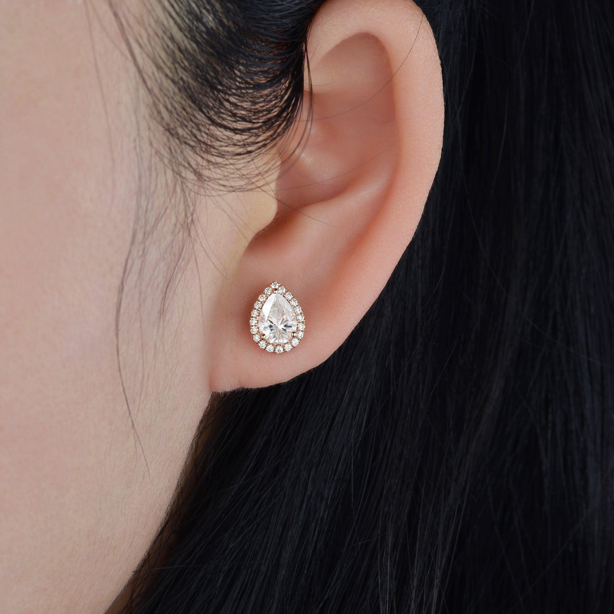 Felicegals Moissanite Pear Halo Earrings - Felicegals 丨Wedding ring 丨Fashion ring 丨Diamond ring 丨Gemstone ring--Felicegals 丨Wedding ring 丨Fashion ring 丨Diamond ring 丨Gemstone ring