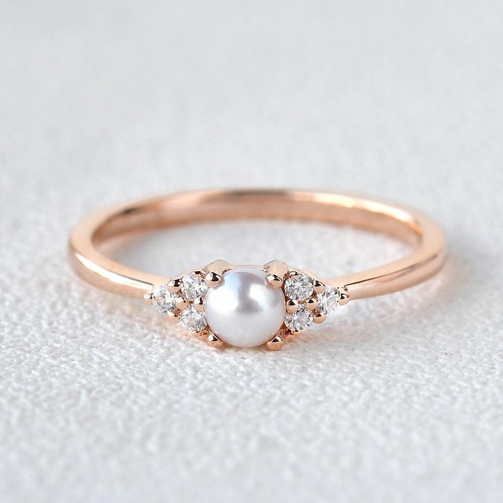 Akoya Pearl & Geometric Moissanite Rose Gold Ring - Felicegals