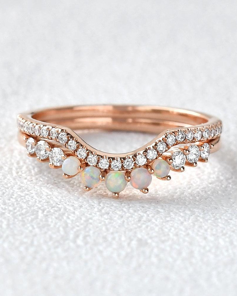 Natural Opal & Moissanite Cluster Ring Set 2pcs - Felicegals