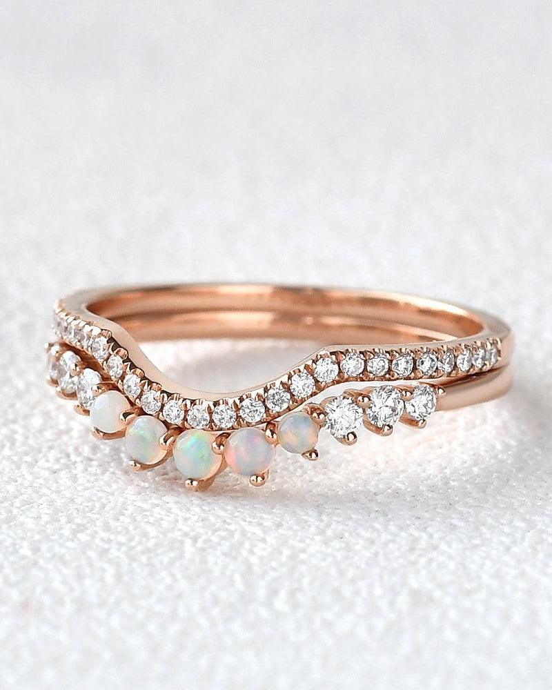 Natural Opal & Moissanite Cluster Ring Set 2pcs - Felicegals