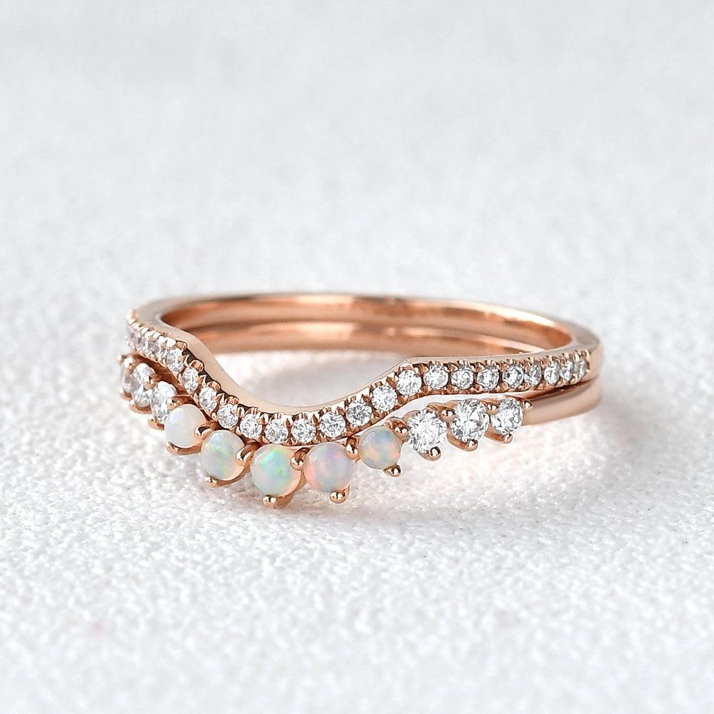 Natural Opal & Moissanite Cluster Ring Set 2pcs - Felicegals