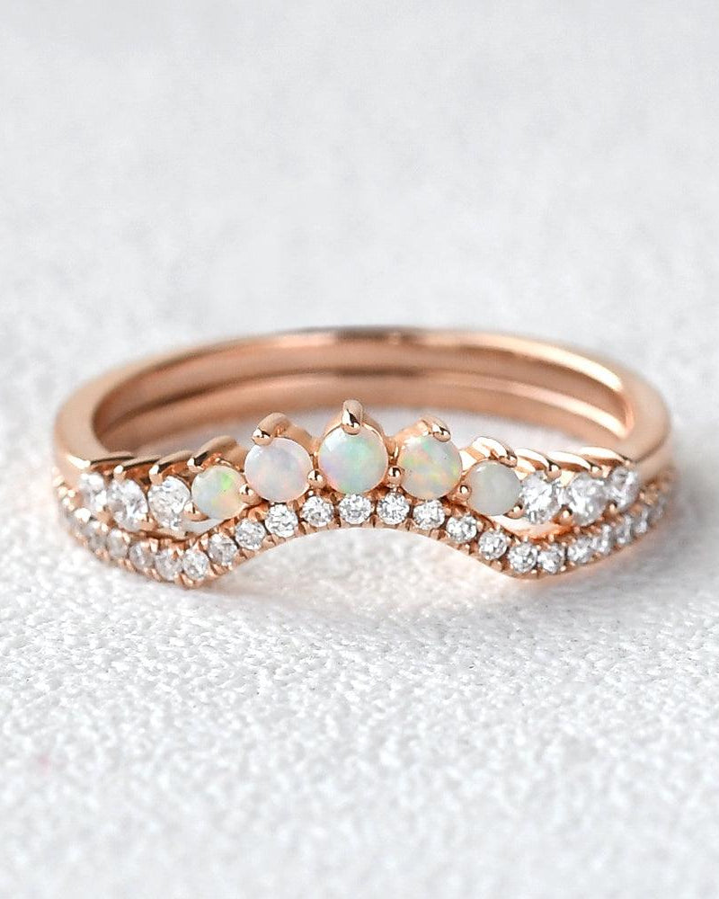 Natural Opal & Moissanite Cluster Ring Set 2pcs - Felicegals