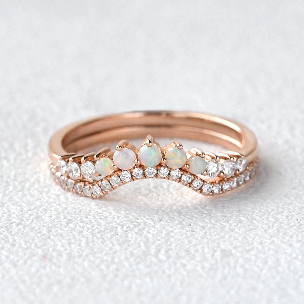 Natural Opal & Moissanite Cluster Ring Set 2pcs - Felicegals