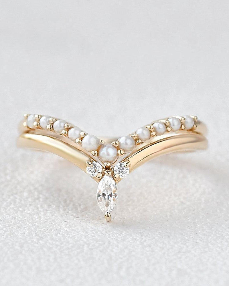 Curved Moissanite & Pearl Stacking Wedding Band Set 2pcs - Felicegals