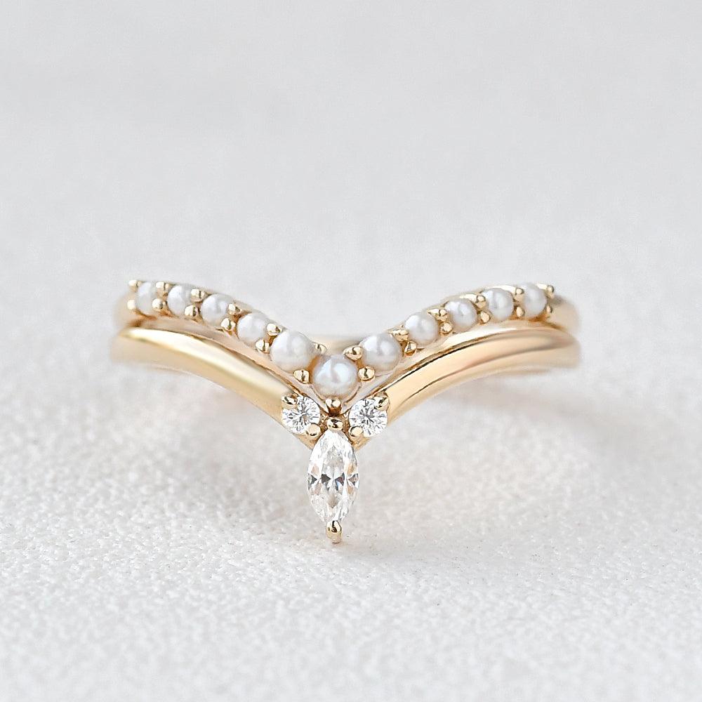 Curved Moissanite & Pearl Stacking Wedding Band Set 2pcs - Felicegals