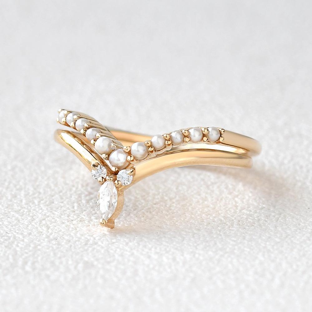 Curved Moissanite & Pearl Stacking Wedding Band Set 2pcs - Felicegals
