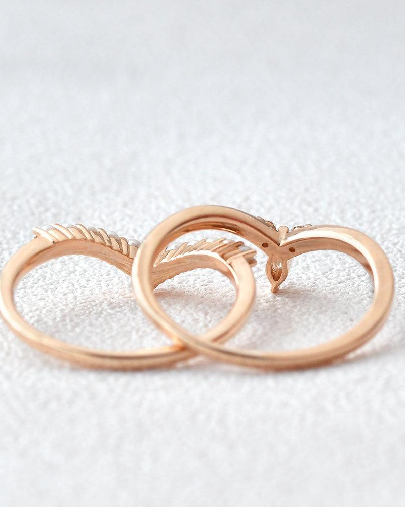 Curved Moissanite & Pearl Stacking Wedding Band Set 2pcs - Felicegals