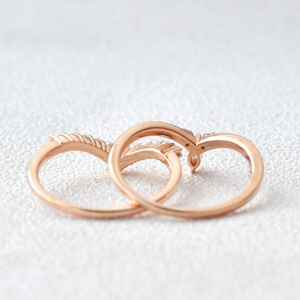 Curved Moissanite & Pearl Stacking Wedding Band Set 2pcs - Felicegals