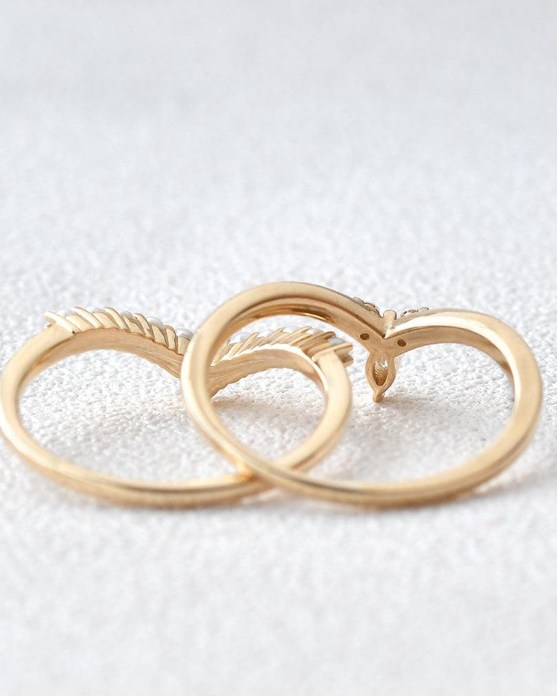 Curved Moissanite & Pearl Stacking Wedding Band Set 2pcs - Felicegals