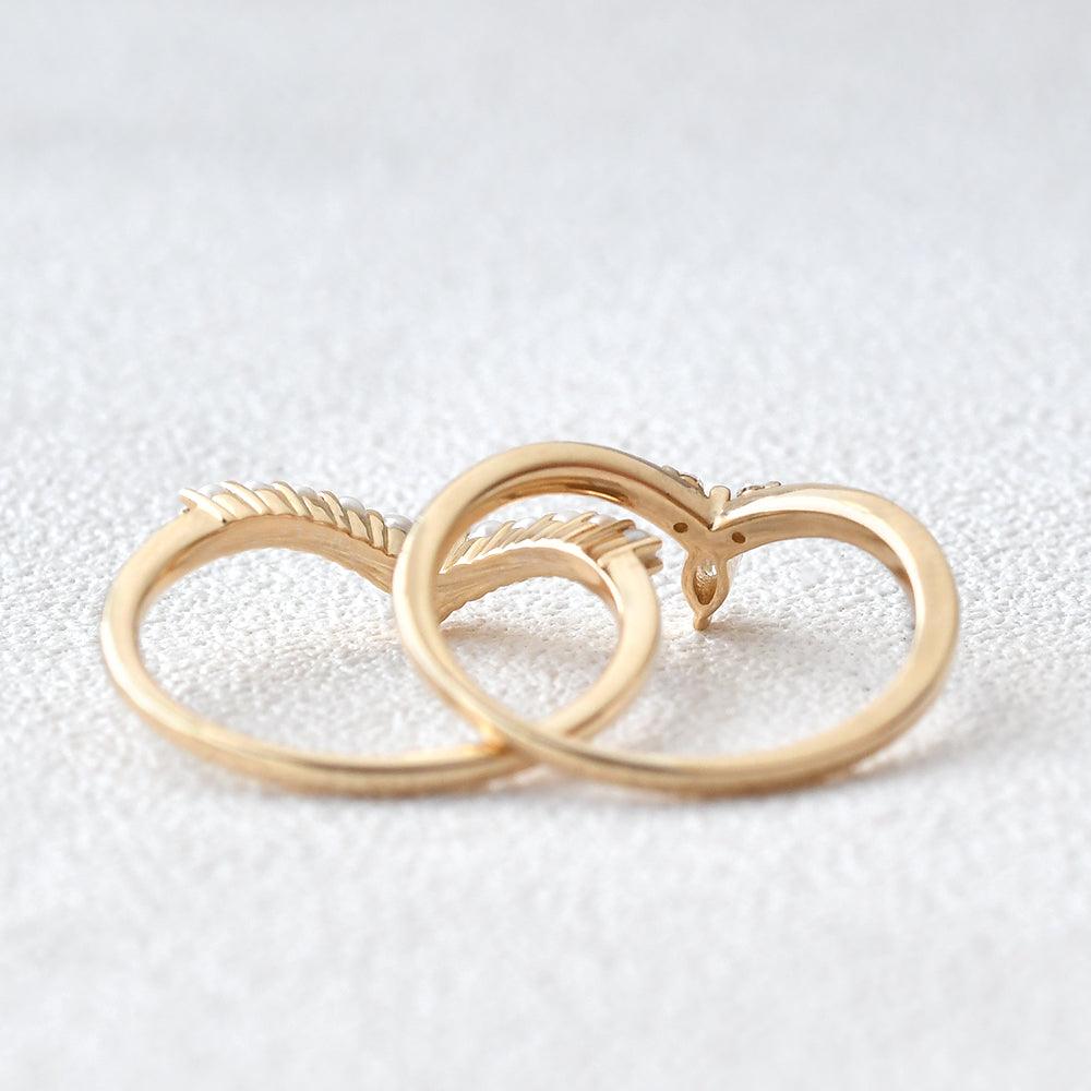 Curved Moissanite & Pearl Stacking Wedding Band Set 2pcs - Felicegals